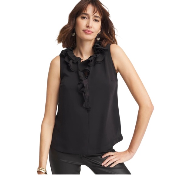 Size 1 Chico’s Ruffled Neck Sleeveless Tank Top in Black - Picture 2 of 9